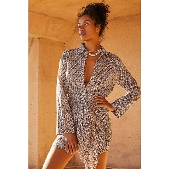 Free People Rillo Shirtdress Sz Medium Brown Cream Lightweight Beachy Chic Sexy - Picture 1 of 16